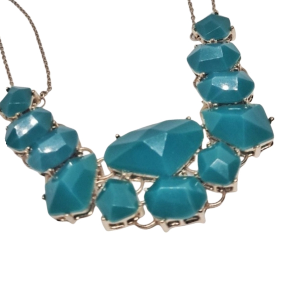 Cyan Blue & Gold Tone Statement Choker Necklace | Geometric Stones | NWOT